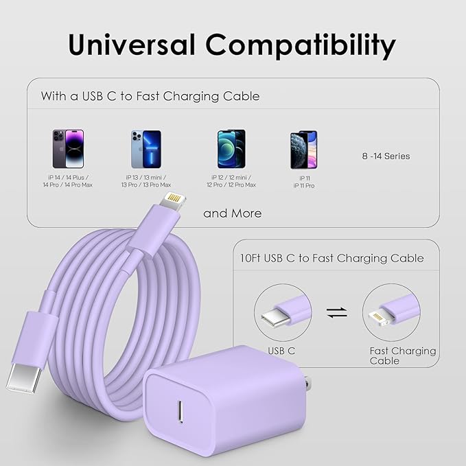 Phone 14 13 12 Fast Charger for Phone 14/14 Pro/13/13Pro Max/12/12 Pro Max/11/XS/XR/X/8Plus(Purple)