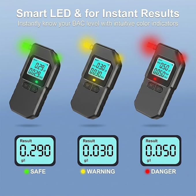 Breathalyzer Alcohol Tester with LCD Digital Display, Portable BAC Breathalyzer, Accurate Personal Alcohol Tester for Home and Driving Safety, Includes 25 Mouthpieces, Compact Design (Black)