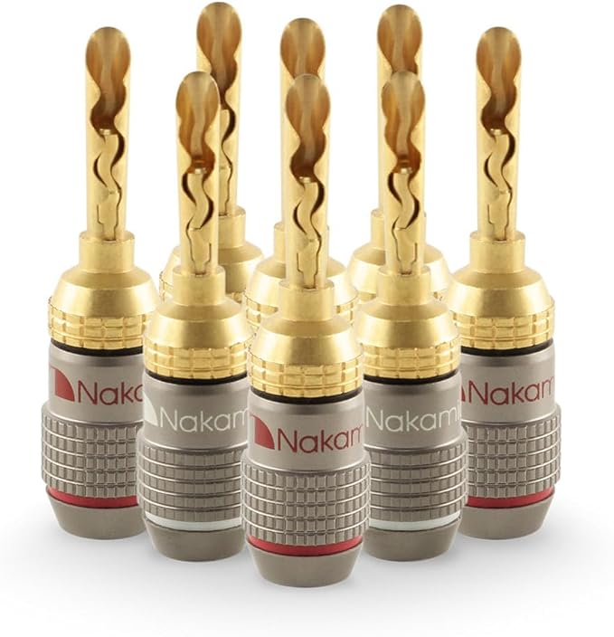 Nakamichi FanLock Excel Series 24k Gold Plated BFA Banana Plug 10 AWG - 18 AWG Gauge Size 4mm for Speakers Amplifier Hi-Fi Stereo Home Theatre Radio Audio Wire Cable Quick Connector, 8 Pcs (4-Pairs)