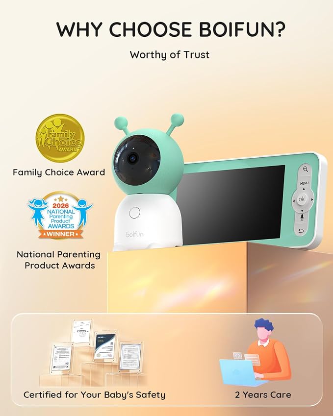 BOIFUN 2026 Upgraded 2K WiFi Baby Monitor with Camera and Audio, Smart Night Light, APP & 5" Split-Screen Control, Motion/Cries/Sound/Custom Alarm Zone Detect, Auto Tracking, Humidity Temp Detect