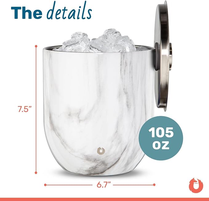 Snowfox Plus, Premium Vacuum Insulated Stainless Steel Ice Bucket with Lid/Scoop,Home Bar Accessories,Elegant Bartending Ice Buckets for Parties,Beautiful Outdoor Entertaining Supplies,3L, Marble
