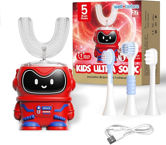 Well Before Kids U Shaped Electric Toothbrush with 5 Brush Heads, Ultrasonic, 5 Modes, IPX7 Waterproof Design (Spaceman, Red, Ages 2-7)