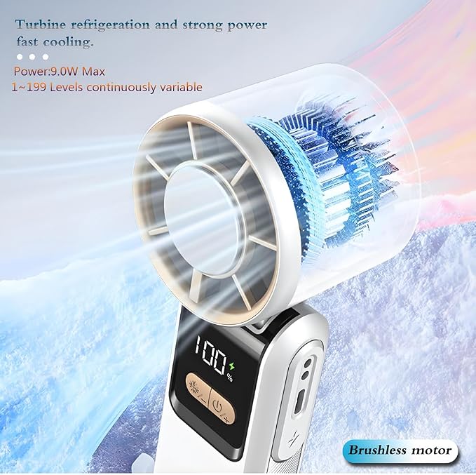 Portable and Foldable 3 in 1 mini ICE-Cooling high speed Turbo fan, 9W Led digital display of 1~199 levels wind speed and power,Brushless motor, Rechargeable dual colors housing(Grey and Purple)