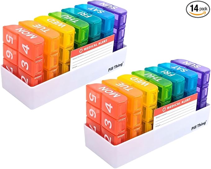 8 Times a Day, 7 Day Large Weekly Pill Organizer with Holder Tray, Vitamin, Medicine Box, Multicolor with Medical Alert Card (8X a Day - 2 Pack)