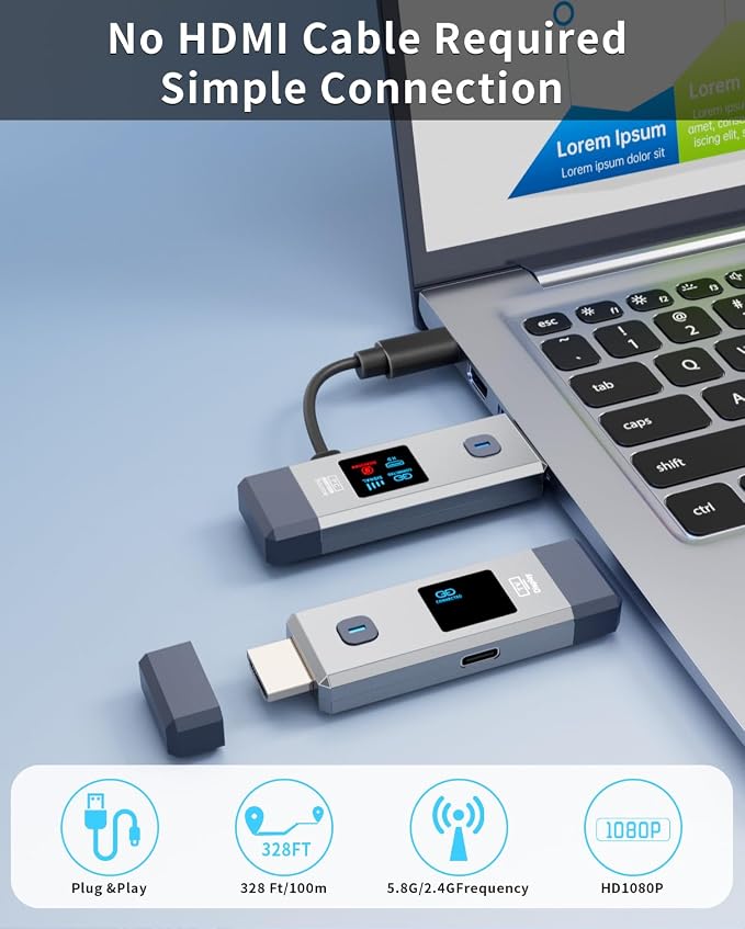 Wireless HDMI Transmitter and Receiver 328ft/100m Extender 4K Decode Input 1080P Output Plug&Play Portable 2.4G/5.8G for Video and Audio to Monitor from PC/Projector/TV Box, with Display Screen
