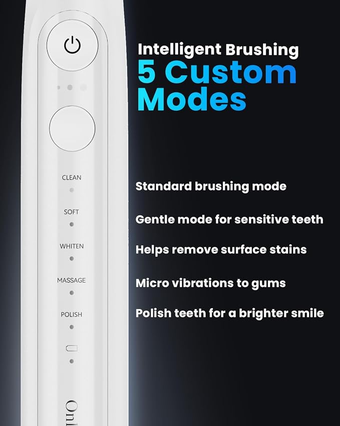 Onlyone Electric Toothbrush for Adults, Rechargeable Electric Toothbrush with 8 Brush Heads, Travel Case, Charging Base & Wireless Charging - 5 Modes with Smart Timer, White