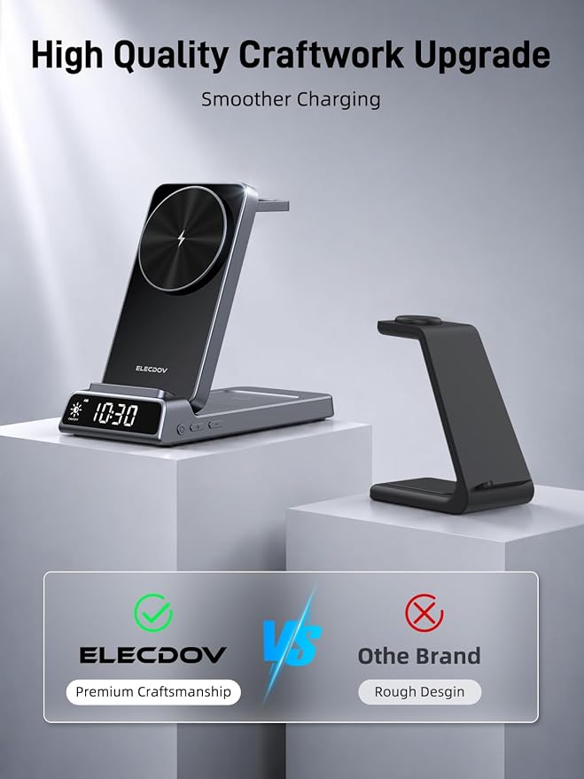 3 in 1 Charging Station for Apple, ELECDOV Magnetic Charger for iPhone, Foldable Wireless Charger with Clock, Travel Watch Charger Stand for iPhone 17/Air/16/15 Series, iWatch 10/AirPods 4 (Grey)