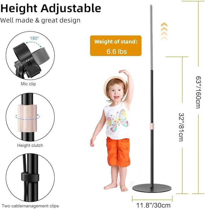 Mic Floor Stand, 63'' Telescopic Microphone Stand for HyperX Razer Fifine Blue Yeti Microphone with Mic Clip,1/4'' Thread and 3/8" 5/8" Adapter, Pop Filter and Cable Clips for Singing Recording Stage