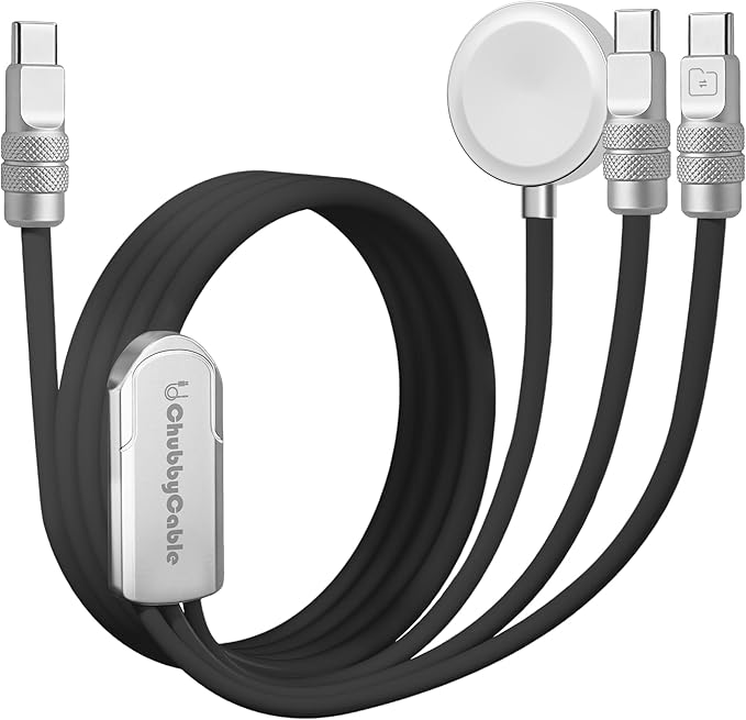 chubbycable Tri-Flex 3 in 1 USB C Cable for Apple Watch Charger Silicone 100W Multi Charging Cable Fast Charge Compatible with iPhone 17-15 Series Apple Watch iPad MacBook AirPods, 4.1FT, Black