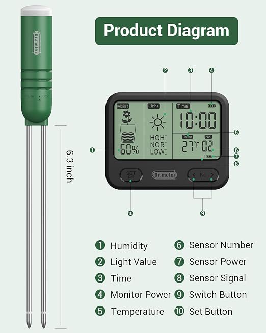 Dr.meter 4-in-1 Soil Moisture Meter, 300ft Wireless Soil Tester Sensor, Temperature/Light/Time/Soil Hygrometer Monitor with Digital LCD Display for Indoor Outdoor Plants, Garden, Lawn, Gardening Gifts