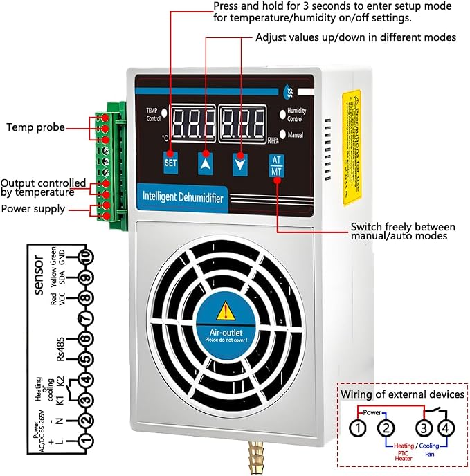 Grow Tent Dehumidifier, Smart Temp and Humidity Controller with External Heating or Cooling Interface, Auto Dehumidification Kit for Safes/Cabinets/Electric Box/Closets, AC/DC 85-265V, Auto Shut Off