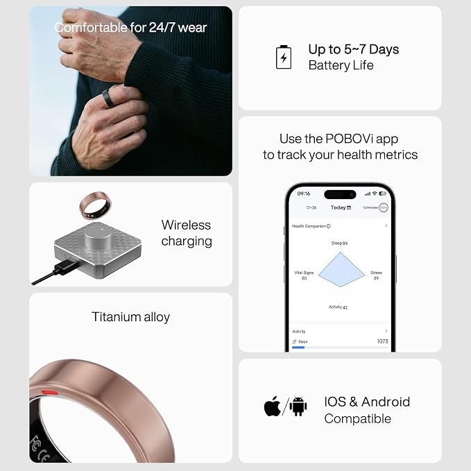 POBOVi Gen 2 Titanium Smart Ring for Women & Men, Sleep & Heart Rate Tracker, No Subscription, Size Before You Buy (Rosegold, 9)