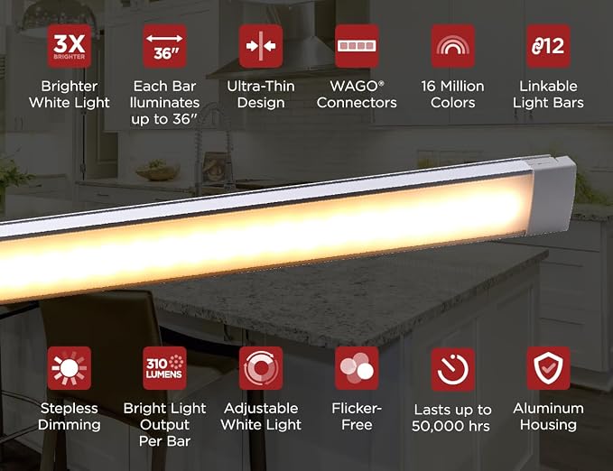 PureOptics LED Professional Push Wire Under Cabinet Light Bar, Add-on, Plug-in or Hardwire Compatible, Adjustable White and RGB LED, for Kitchen, Pantry, Cabinets, (1) 12" Bar