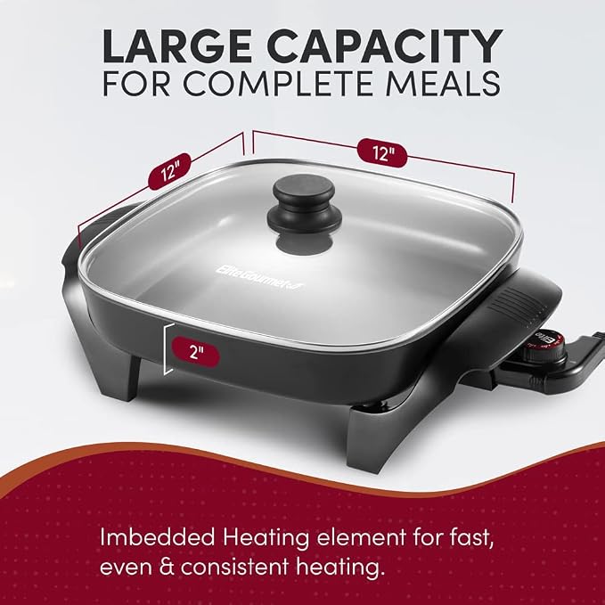 Elite Gourmet 16"x13"x3.2" 10.5Qt Extra Deep Electric Skillet and 12"x12"x2.15” Ceramic Coated Electric Skillet Bundle