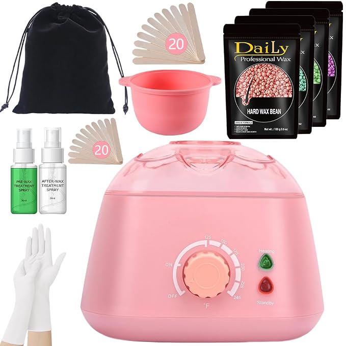 Wax Warmer Kit for Sensitive Skin - Professional Hard Wax Beans Kit with Silicone Liner, Gloves & Storage Bag, BPA-Free & Dermatologist Tested for Face, Bikini Line, Legs & Full Body (PINK)