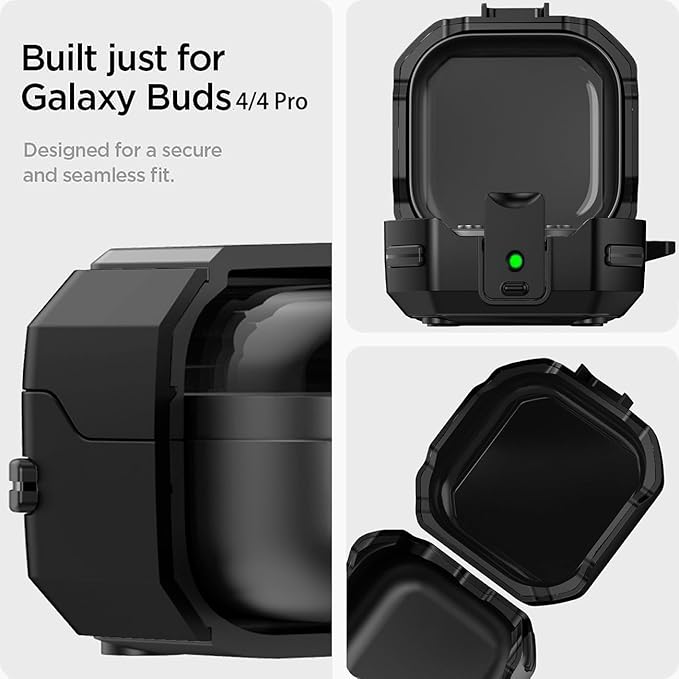 Galaxy Buds 4 Pro/Buds4 Case Cover with Secure Lock Clip, Shockproof Samsung Galaxy Buds 4/4 Pro 2026 Protective Hard Cover Shell with Carabiner&Cleaner kit for Men Women, Black