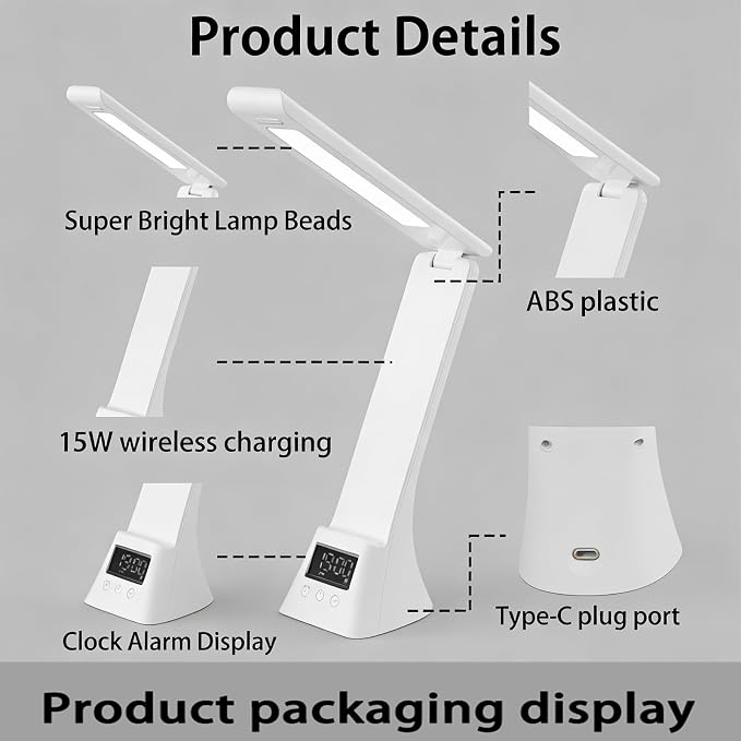 All-in-One Wireless Charging Desk Lamp with Digital Clock & Alarm, 15W Fast Phone Charger, 3 Color Lighting Modes, 180° Foldable, Touch Control for Bedroom, Office,HYV-2088 White.