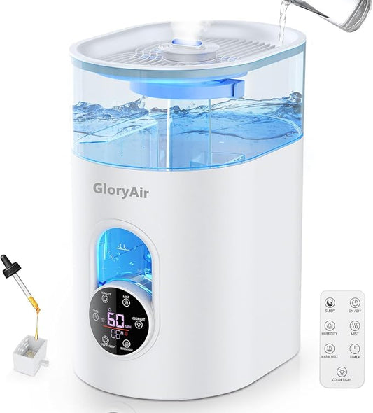 Humidifiers for Bedroom Large Room Home - GloryAir 6L Quiet Top Fill Cool & Warm Mist Humidifier with Smart Humidity Control, Remote Control, 7-Color Light, Humidistat, Oil Diffuser