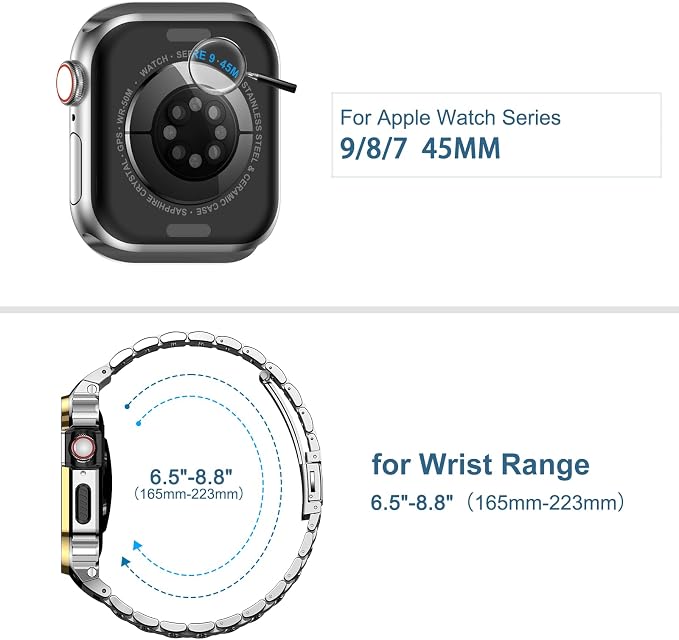 MioHHR Stainless Steel Watch Band with Case Compatible with Apple Watch Series 9/8/7(45mm),Rugged Strap with Metal Protective Bumper Cover for iWatch Band Men(Silver/Gold)