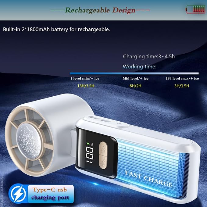 Portable and Foldable 3 in 1 mini ICE-Cooling high speed Turbo fan, 9W Led digital display of 1~199 levels wind speed and power,Brushless motor, Rechargeable dual colors housing(Grey and Purple)