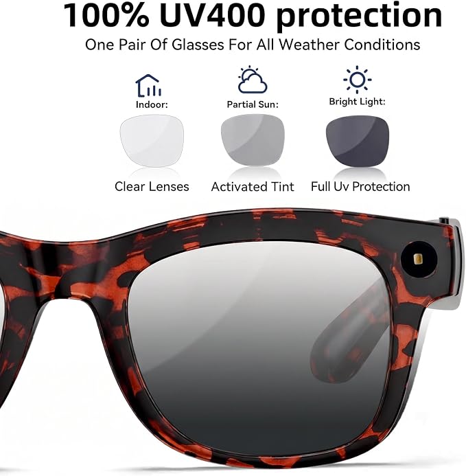 AI Smart Glasses with HD Camera, BT Call, 8MP Anti-Shake Camera Glasses with 1080P Video Recording Dual Mic, Simultaneous Interpretation/GPT Identify Objects, Photochromic Lens Leopard Print