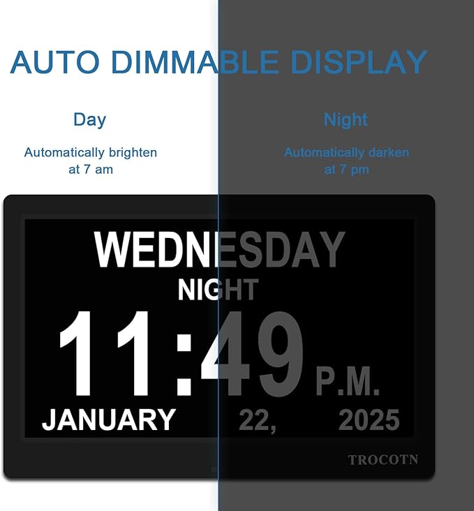 TROCOTN Dementia Clocks, Large Display Calendar Alarm Clock with Auto DST for Seniors, 5 Display Modes Large Font Digital Clock with Custom Alarms Day Date Clocks. (10 Inch Black)