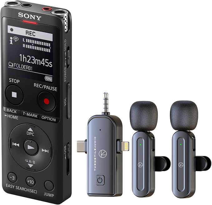 Sony ICD-UX570 Digital Voice Recorder, Bundle with Turnstile Audio 3-in-1 Multifunctional Wireless Lavalier Microphone