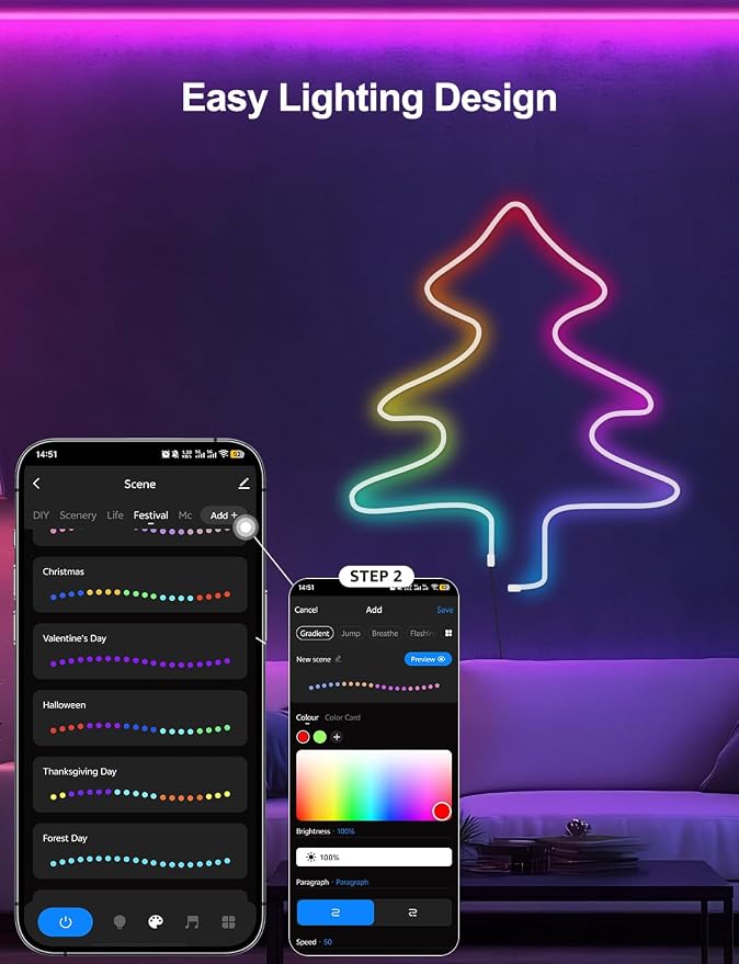 RGB+IC Neon Rope Lights, 16.4 ft Smart LED Rope Light with Music Sync, Works with Alexa, Google Assistant, Custom DIY Flexible Neon Strip Lights for Bedroom, Wall Decor (2.4G WiFi Only)