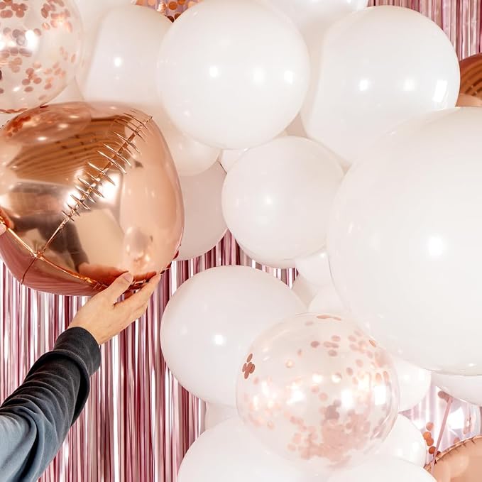 Restaurantware-Balloonify Balloon Garland Set, 1 Party Decoration Kit - 111 Balloons, With Chain, White & Rose Gold Latex Balloon Arch Kit, Includes Glue Dots