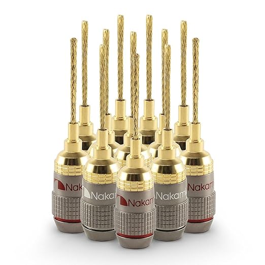 Nakamichi FanLock Excel Series 24k Gold Plated 2mm Flex Pin Banana Plugs 10 AWG - 18 AWG Gauge Size for Spring Clip Terminal Speakers Amplifier Hi-Fi Wire Cable Quick Connector, 12 Pcs (6-Pairs)