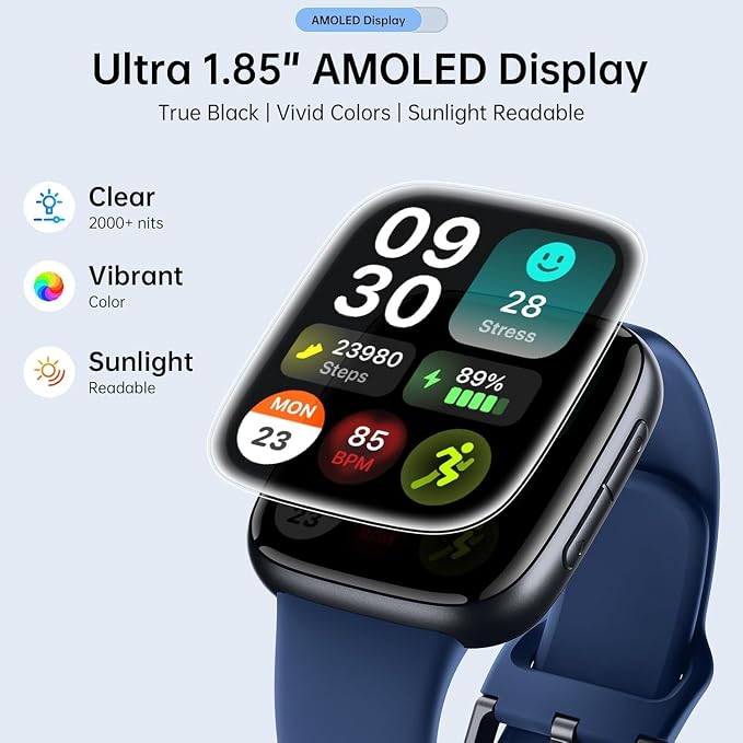 Quican Smart Watches for Men Women, 1.85" HD AMOLED Smart Watchfor iPhone & Android, 12-Day Battery, 3ATM Waterproof,Bluetooth Calls/Messages, Health Monitor, 120+ Sports ModesFitness Watch, 2 Bands