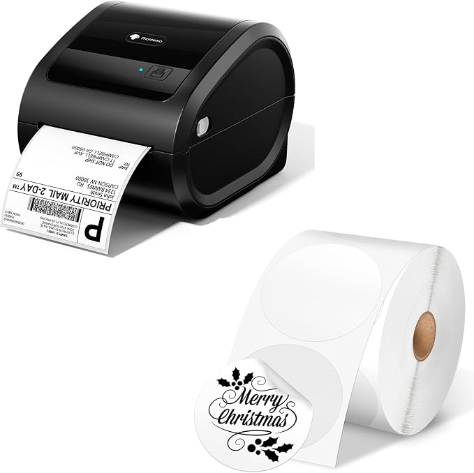 Phomemo D520BT Thermal Label Printer for Business, with 2" White Circel Thermal Label, 750 Labels/Roll