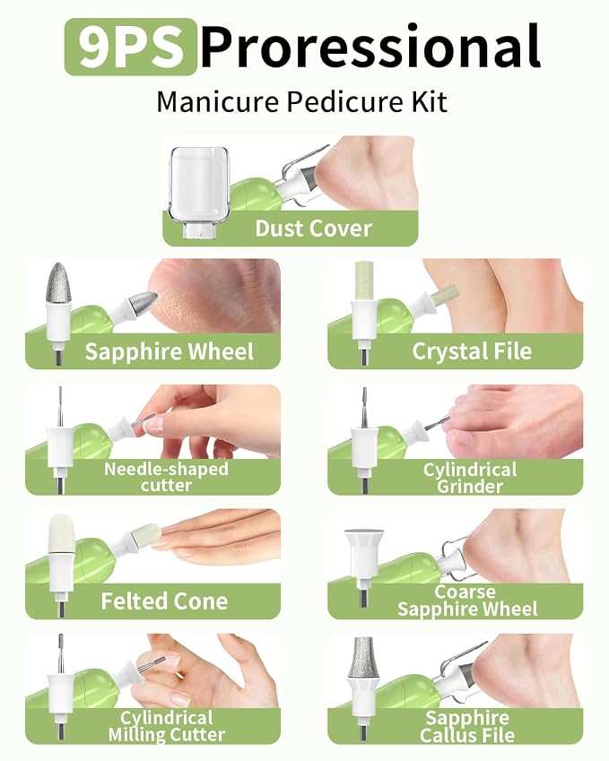 Professional Manicure Pedicure Kit, Cordless Electric Nail File Set, Rechargeable Pedicure Tools for feet, 5 Speeds Hand Foot Care Nail Drill for Thick Nail Toenail Cuticle Women Men Baby Pets-Green