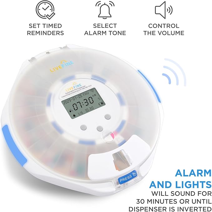 Live Fine Smart WiFi Automatic Pill Dispenser Frosted Lid | 28-Day Medication Organizer Up to 9 Doses Per Day for Care Monitoring with Lock Key, Light/Sound Alarms for Prescriptions & Vitamins