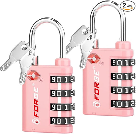 Forge Dual-Opening: Key or Combination Lock, TSA Approved Lock for Luggage, Pelican case, Travel, Gym, School, Luggage Combination Lock, Travel Bag Lock (Pink 2 Pk)