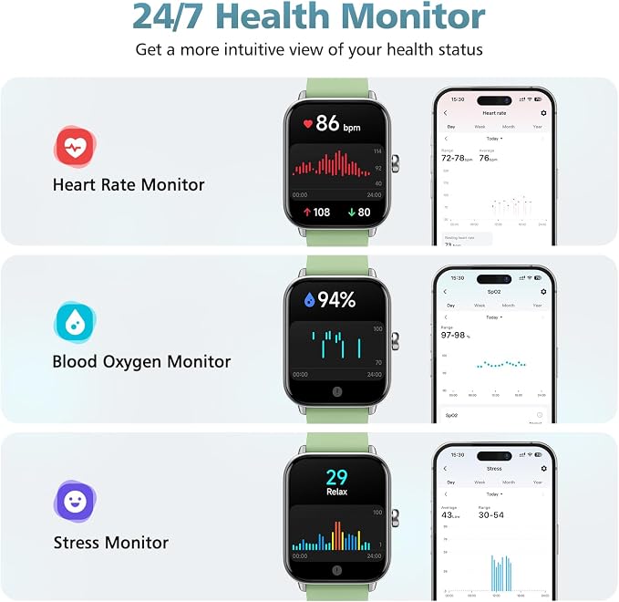 Smart Watch for Women Men, 1.85" Alexa Fitness Tracker with Call & SMS, Heart Rate, SpO2, Stress & Sleep Monitor, IP68 Waterproof Smartwatch for Android iPhone Samsung etc., 100+ Sports Modes, 2 Bands