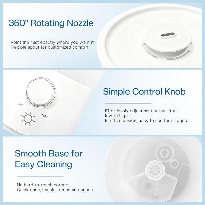 Cool Mist Humidifier for Bedroom, 3L Top Fill Ultrasonic Air Humidifier with Adjustable Knob Control, Quiet Operation, Auto Shut-Off, BPA-Free for Home, Baby, Office, Plants 6L