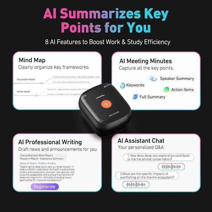 AI Language Translator Device Support 102 Languages Voice Instant Two-Way Translation Voice Recorder Wearable AI Chat Companion Bluetooth 6.0 25-Hour Battery Life&21-Day Standby for Travel Business