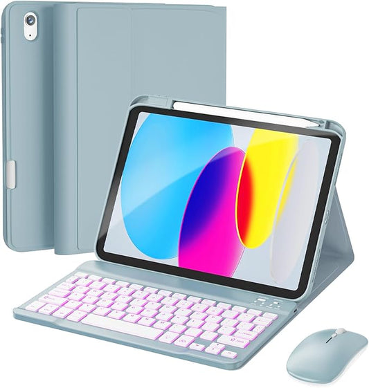 RAYMCRAFT for iPad 11th (A16, 2025) / 10th Generation Case with Keyboard, Mouse and Detachable Wireless Keyboard, 7-Color Backlight, Slim Case with Pencil Holder, Slate Blue