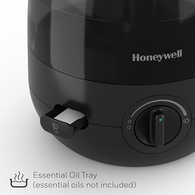 Honeywell Small Compact Ultrasonic Mini Cool Mist Humidifier with Adjustable Mist Control and Essential Oil Tray for Indoor Humidity, Black
