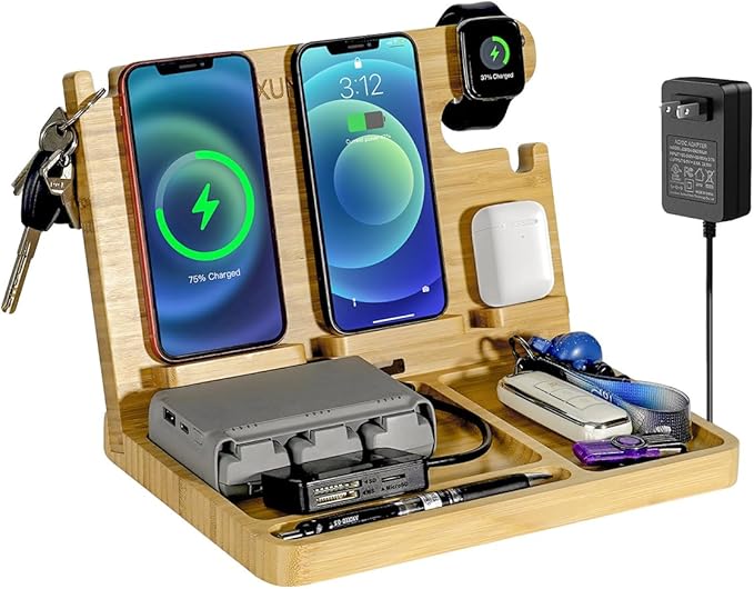 Wood Phone Docking Station 2 Phone Wireless Charging Station Nightstand Organizer for Men 27W Fast Charging Bamboo Wireless Charger for iPhone Android Phone iWatch Earbuds Birthday Gifts for Men