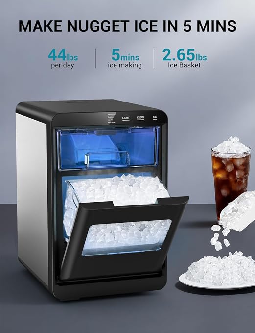 44 lbs Nugget Ice Maker Countertop,Pebble Ice Machine, 5-10 Mins Fast Ice Making, Self-Cleaning, Portable for Home, Outdoor, Camping, Hospital, RV (44lbs)