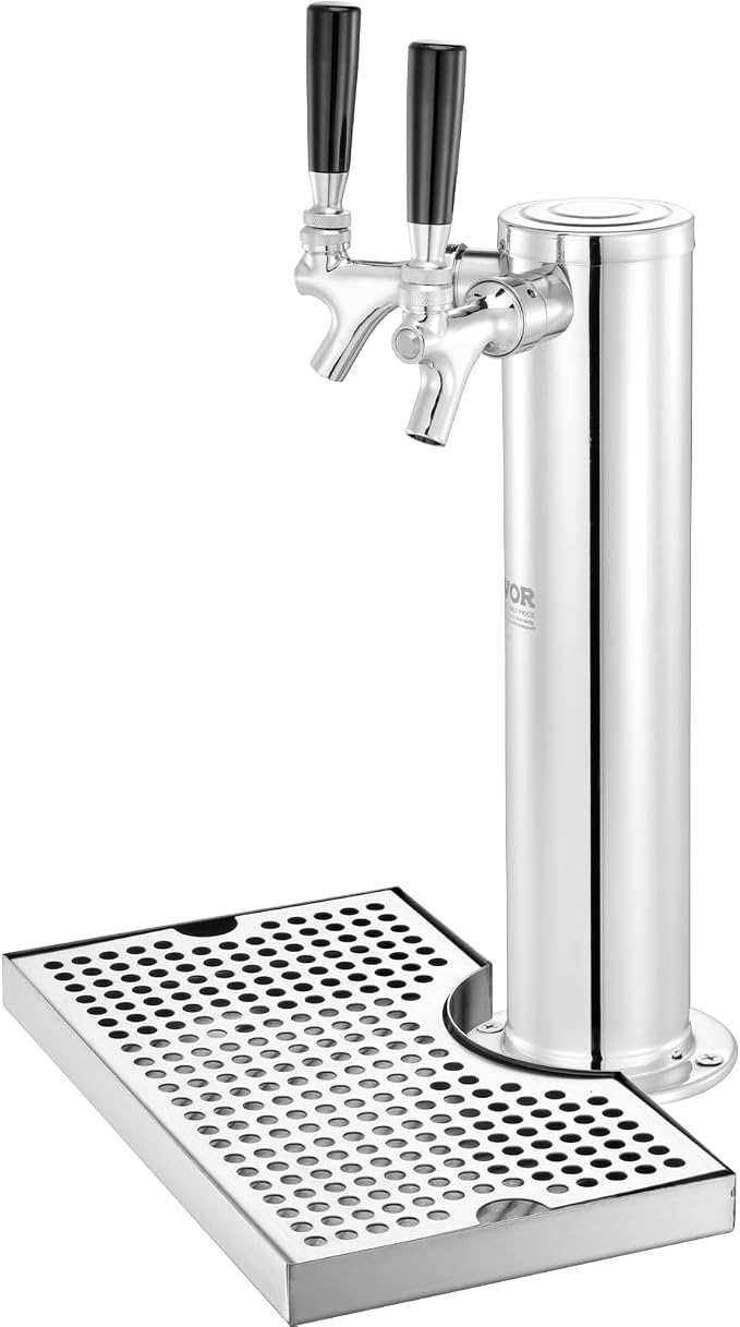 VEVOR Kegerator Tower Kit, Dual Taps Beer Conversion Kit, Stainless Steel Keg Beer Tower Dispenser with Dual Gauge CGA320 Regulator & D-System Keg Coupler, Beer Drip Tray for Party Home