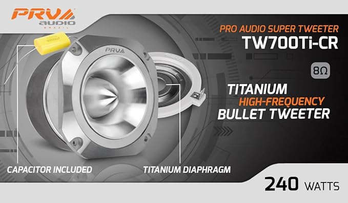 PRV AUDIO TW700Ti-CR 4 Inch Titanium Bullet Tweeter 240 Watts, 8 Ohm Chrome Super Tweeter, Built-in Capacitor Pro Audio High Frequency Driver (2 Tweeters)