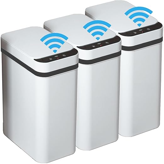 3 PACK - Bathroom Garbage Can with a Lid - 2.5 Gallon Automatic Trash Cans Touchless - Bedroom, Office - Small Smart Trash Can - Plastic, Narrow, Auto Open - Motion Sensor Trash can Bathroom ( White )