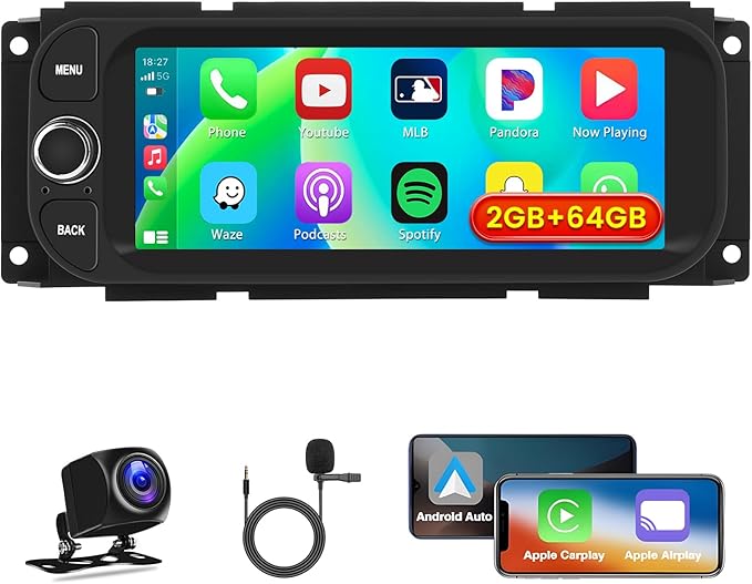 5Ghz WiFi [64G] Android Car Radio for Dodge Ram 2002-2006, Jeep Wrangler 2003-2006, Jeep Liberty 2002-2007, Jeep Grand Cherokee 1999-2004 – 6.86" HD Touchscreen with CarPlay Android Auto 2+64G GPS SWC