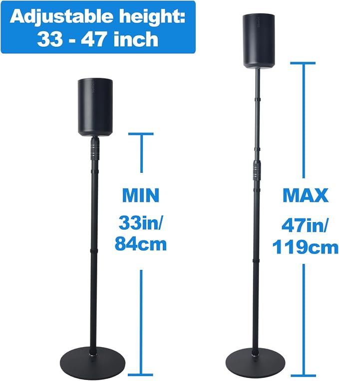 Speaker Stands for Sonos Era 100 or Era 100 SL,Adjustable Height from 33" to 47",Easy DIY Assembly,HD-628,2 Packs,Black