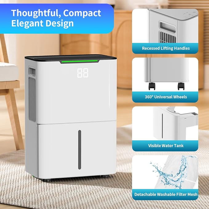 Dehumidifier for Home Basement, 34 Pints Dehumidifiers with Drain Hose for 1500 Sq. Ft Bedroom Bathroom Small Room RV, 3 Working Modes, Smart Humidity Control, 24H Timer, Auto Defrost