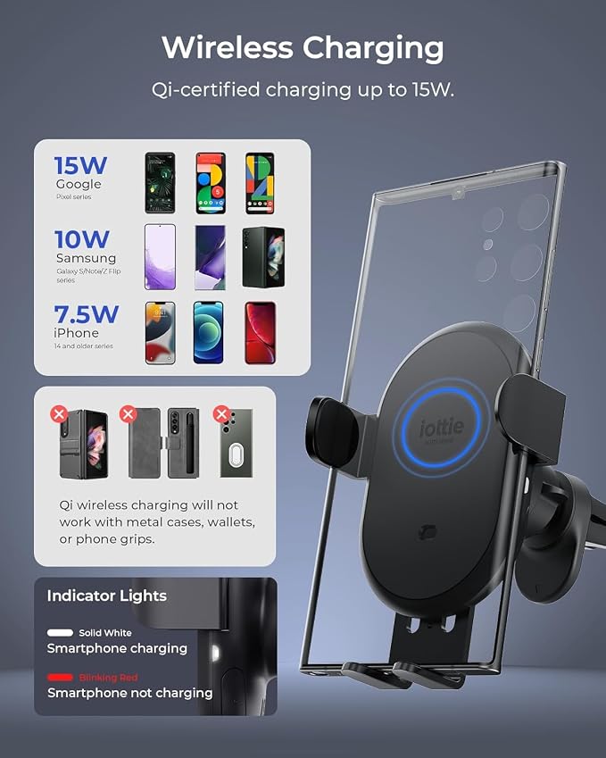 iOttie Auto Sense 2 Air Vent Car Phone Holder with Qi Wireless Charging - Auto Clamping Phone Mount for iPhone, Google Pixel, Samsung Galaxy, Huawei, LG (Adapter Not Included)