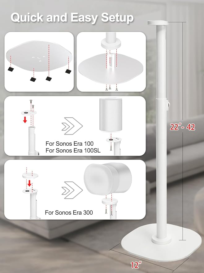 Haturi Speaker Stands Pair for Sonos ERA 300, ERA 100 SL & ERA 100, 22''–42" Adjustable Height Floor Stands with Cable Management, Heavy Duty Metal Basem, Speaker Mount White